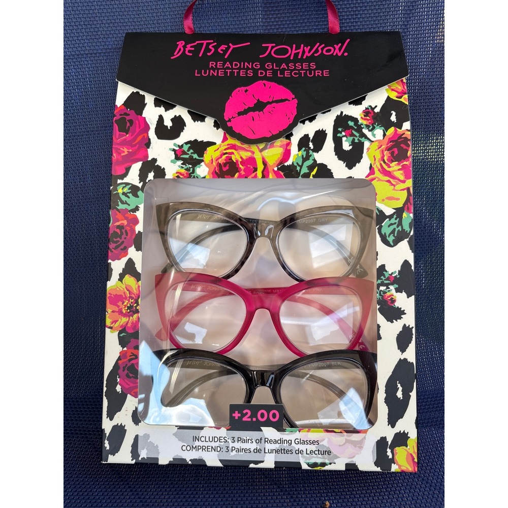 Betsey Johnson Reading Glasses 3 Pack +2.00 Cat Eye Tortoise Pink Black MS1223